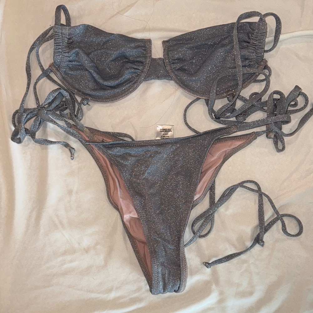 Shimmery Gunmetal Tie-Side Bikini Set
